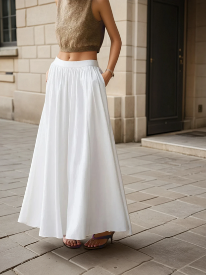 High Waist Casual All-matching Linen Pleated Maxi Skirt