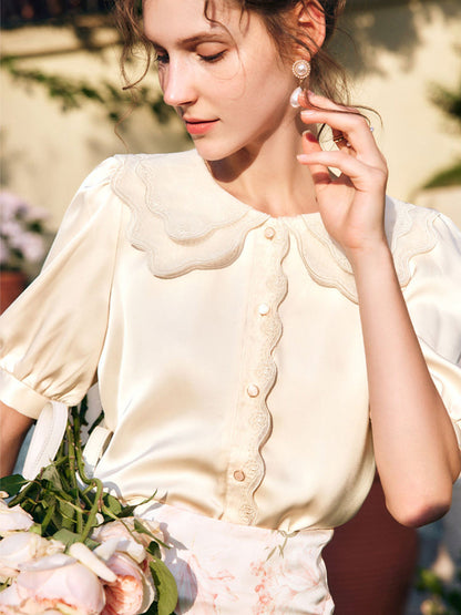 Samantha French Doll Collar Puff Sleeve Satin Shirt