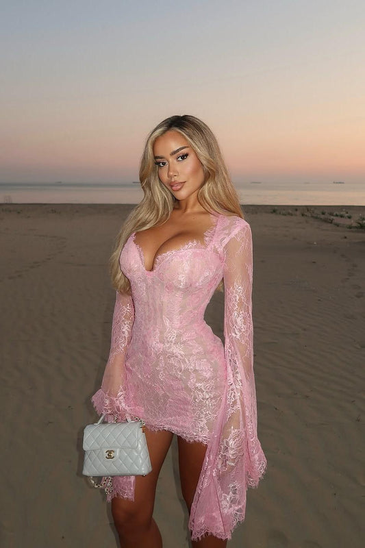 Whispers of Blush Lace Bell-Sleeve Mini Dress