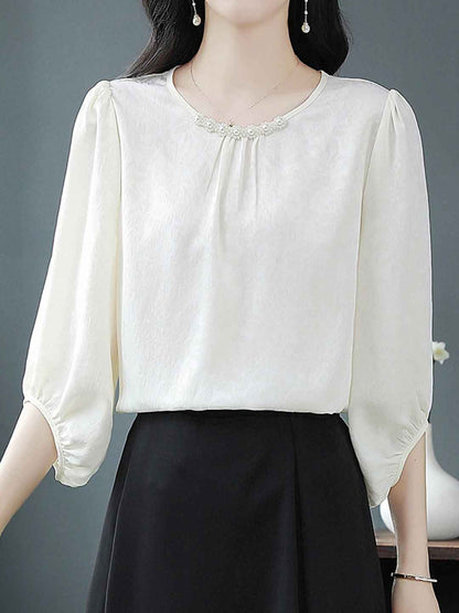 Rachel Elegant Crew Neck Beaded Satin Shirt