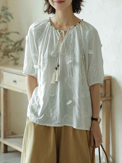 Sophie Elegant V-Neck Butterfly Embroidered Top