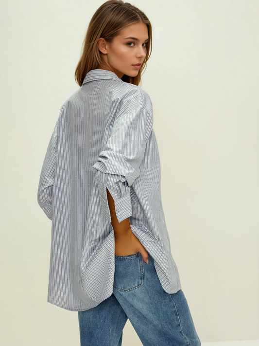 Rhinestone Dot Pinstripe Long Sleeves Pocket Shirt