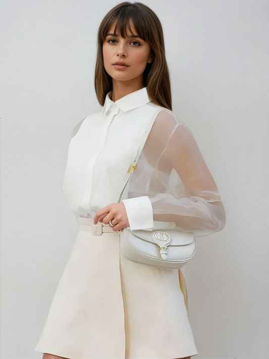Puff Sleeve Lapel Organza Transparent Top