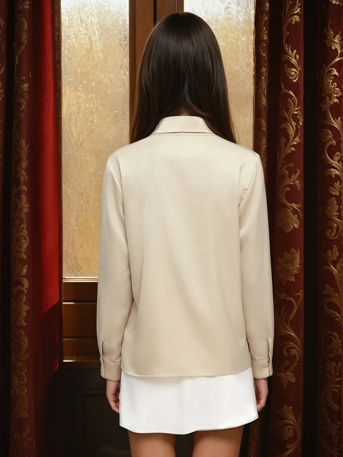 Collar Metal Hook Long Sleeve Blouse With Tie