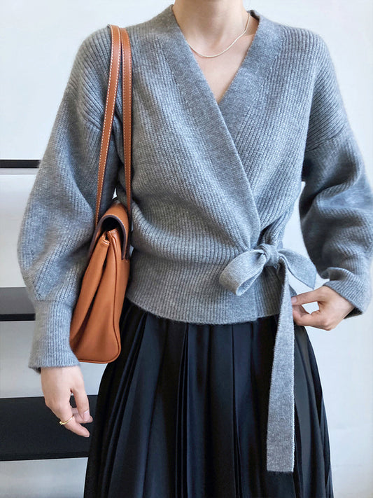 Emily Retro V-neck Knitted Cardigan-Gray