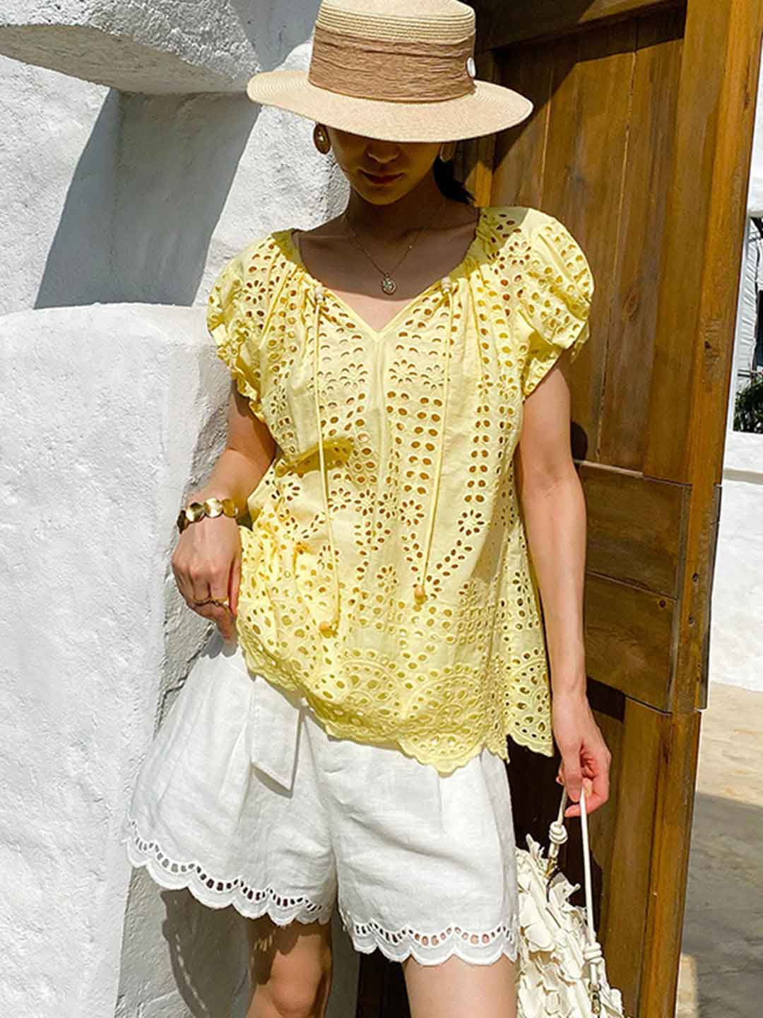 Zoe Vacation V-Neck Hollowed Embroidered Top