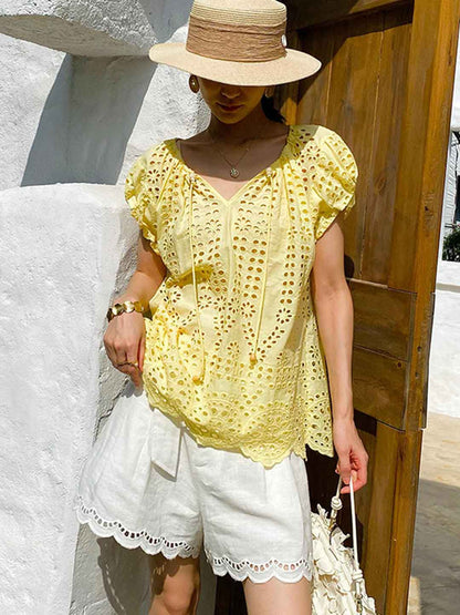 Zoe Vacation V-Neck Hollowed Embroidered Top
