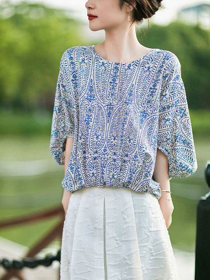 Maya Casual Back Bow Printed Blouse-Green