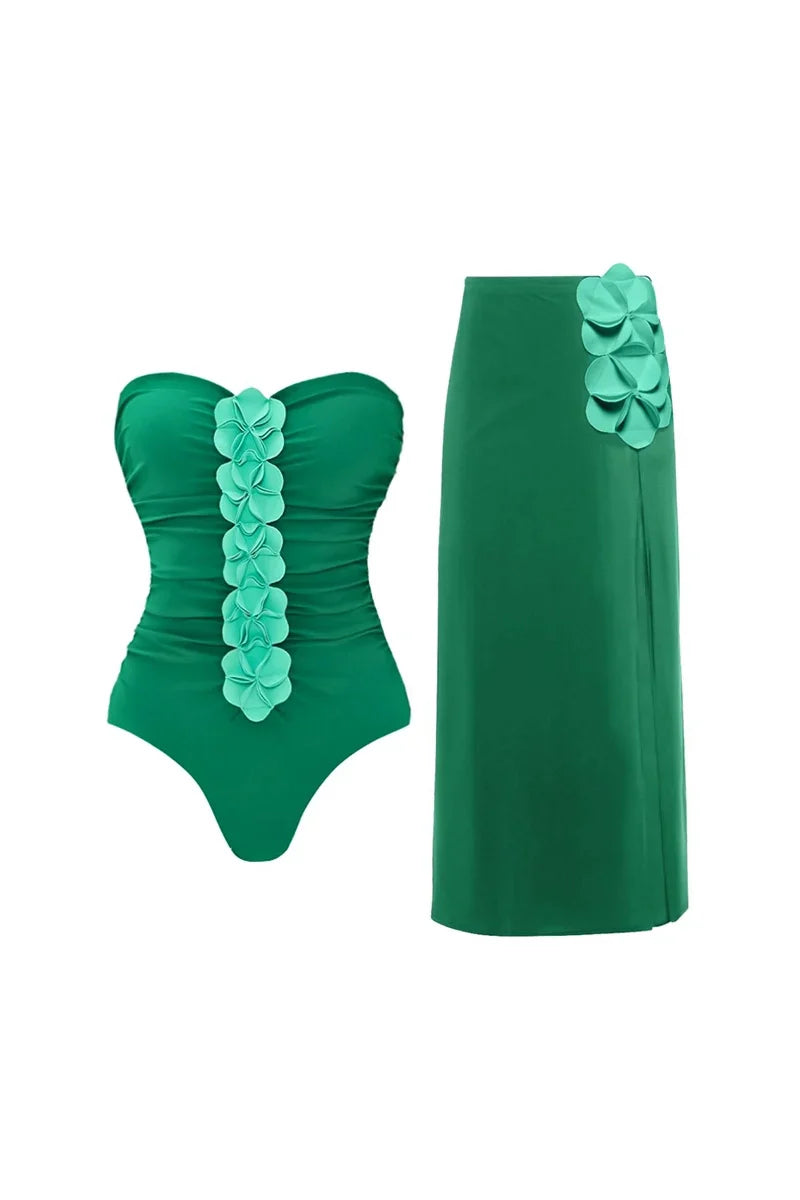 Green 3D Floral Strapless Swimsuit