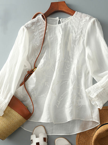 Claire Retro Crew Neck Solid Color Embroidered Hollowed Top