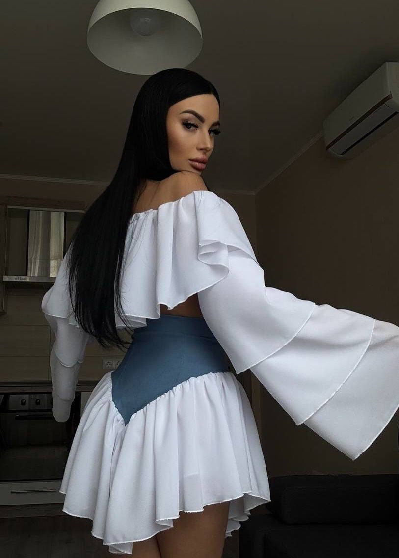 Celestina – Off-Shoulder Ruffle Sleeve Two-Tone Mini Dress
