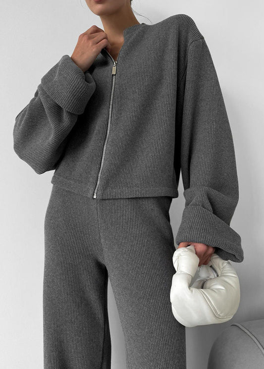 Avery Knit Lounge Set – Zip-Up Jacket and Wide-Leg Pants