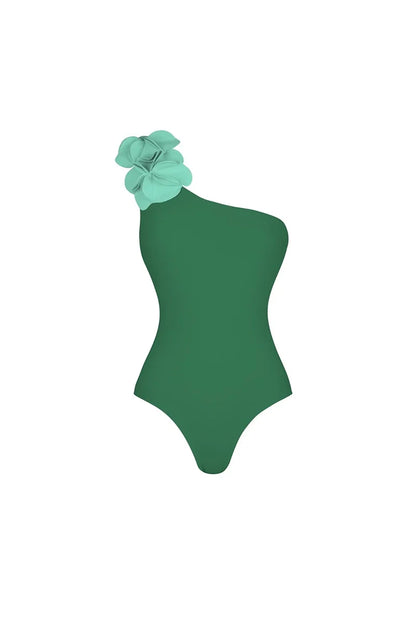 Green One-Shoulder 3D Floral Swimsuit