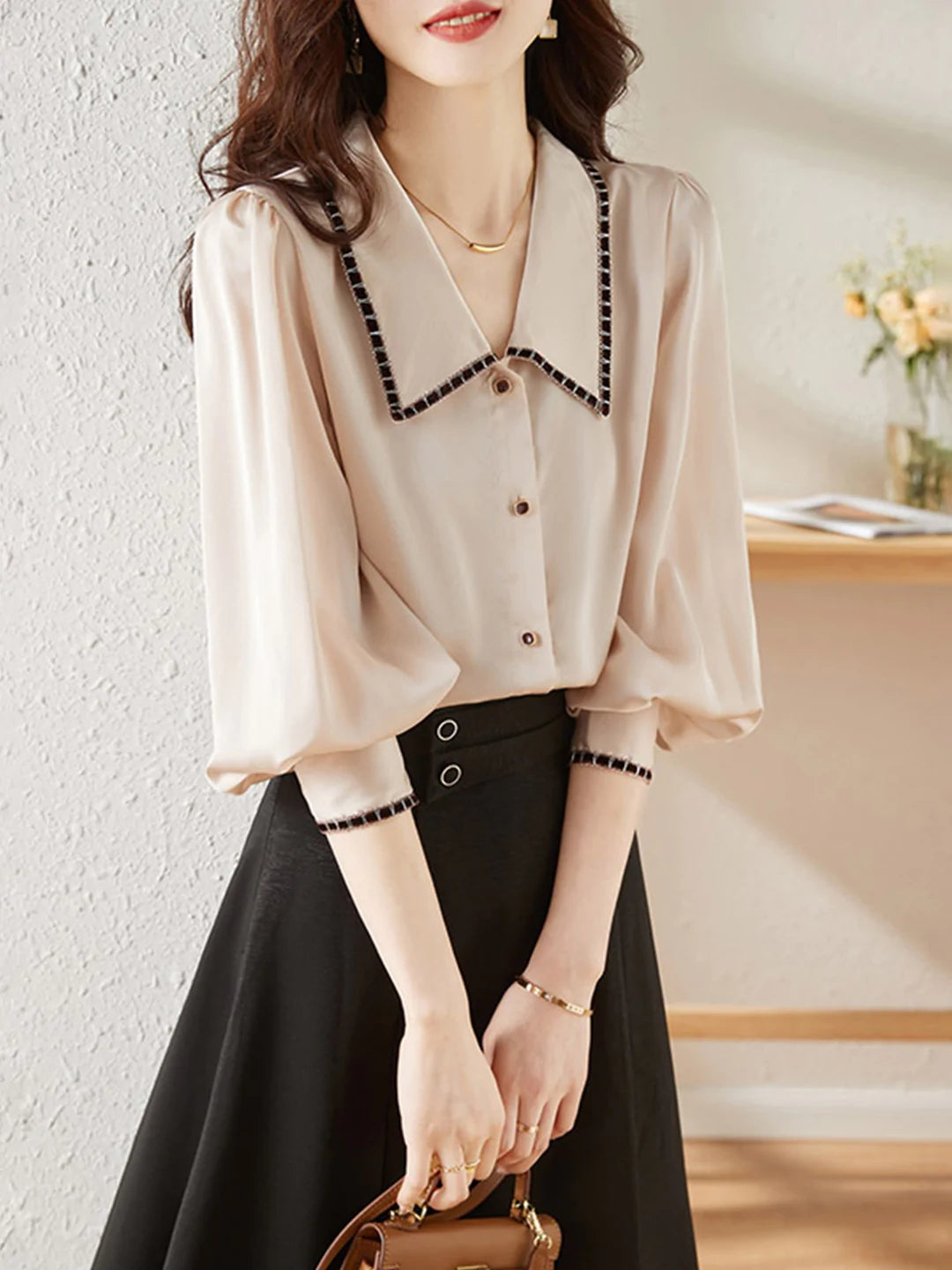 Elva Casual Doll Collar Blouse-Black
