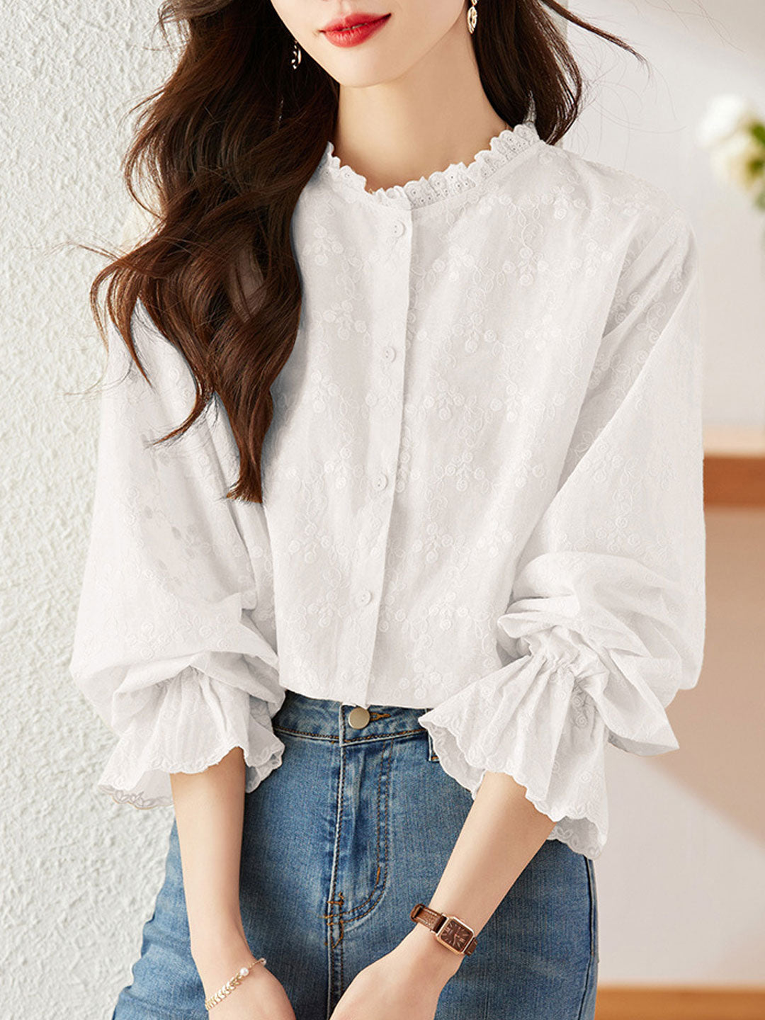 Molly Retro Flare Sleeve Lace Embroidered Shirt
