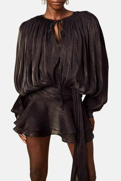 Anzay Pleated Ruffled Hem Mini Dress - Black