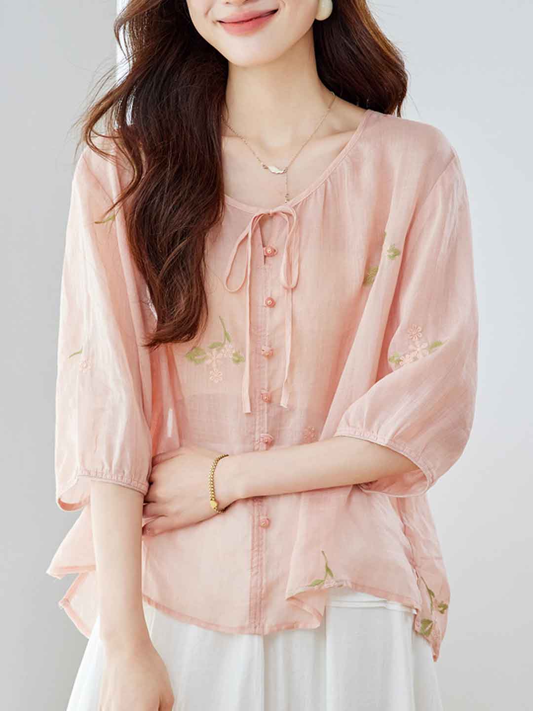 Camila Loose Crew Neck Embroidered Floral Blouse