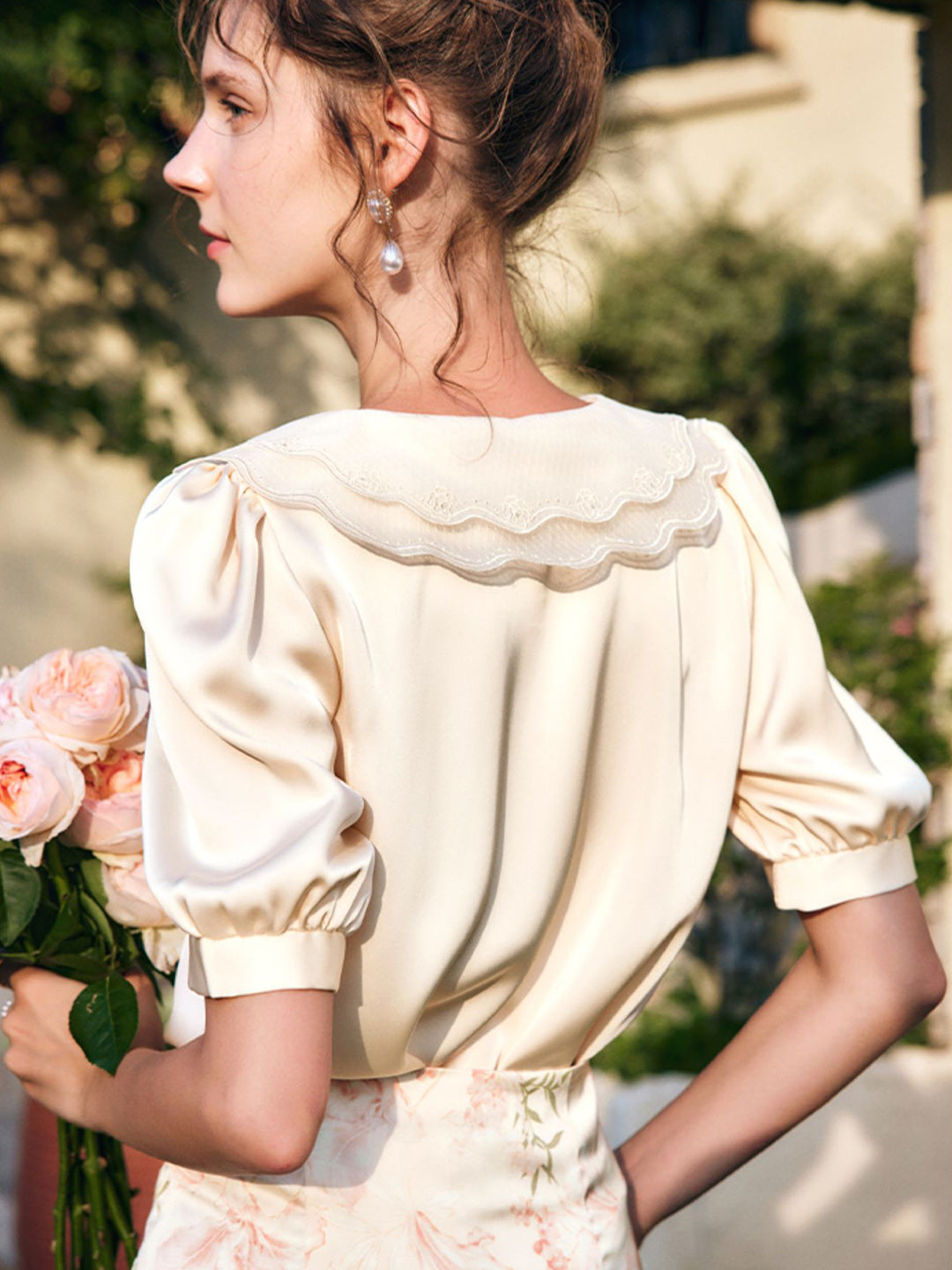 Samantha French Doll Collar Puff Sleeve Satin Shirt
