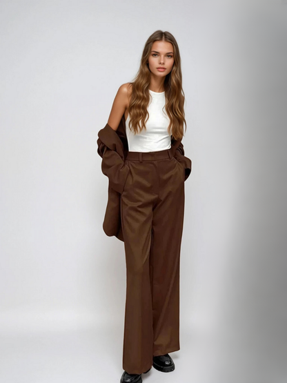 Mocha Vintage Blazer & Wide-leg Pants Matching Set
