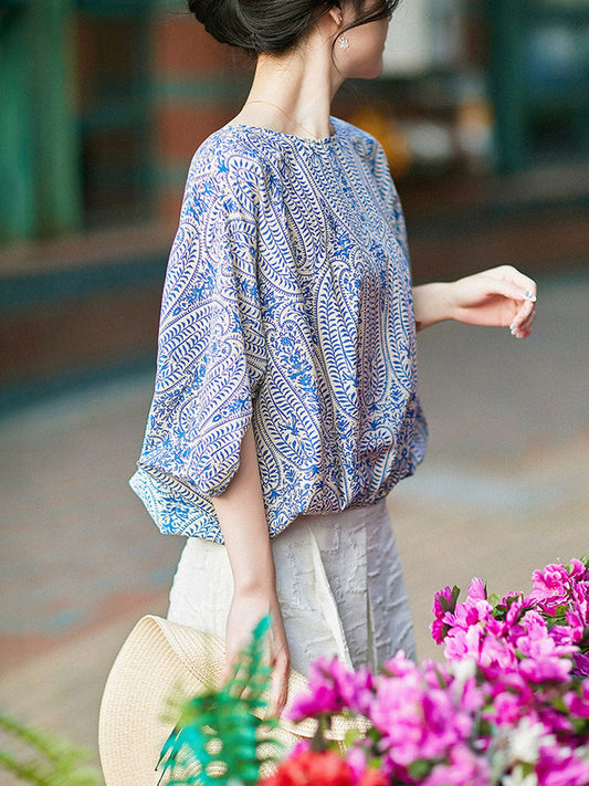Maya Casual Back Bow Printed Blouse-Green
