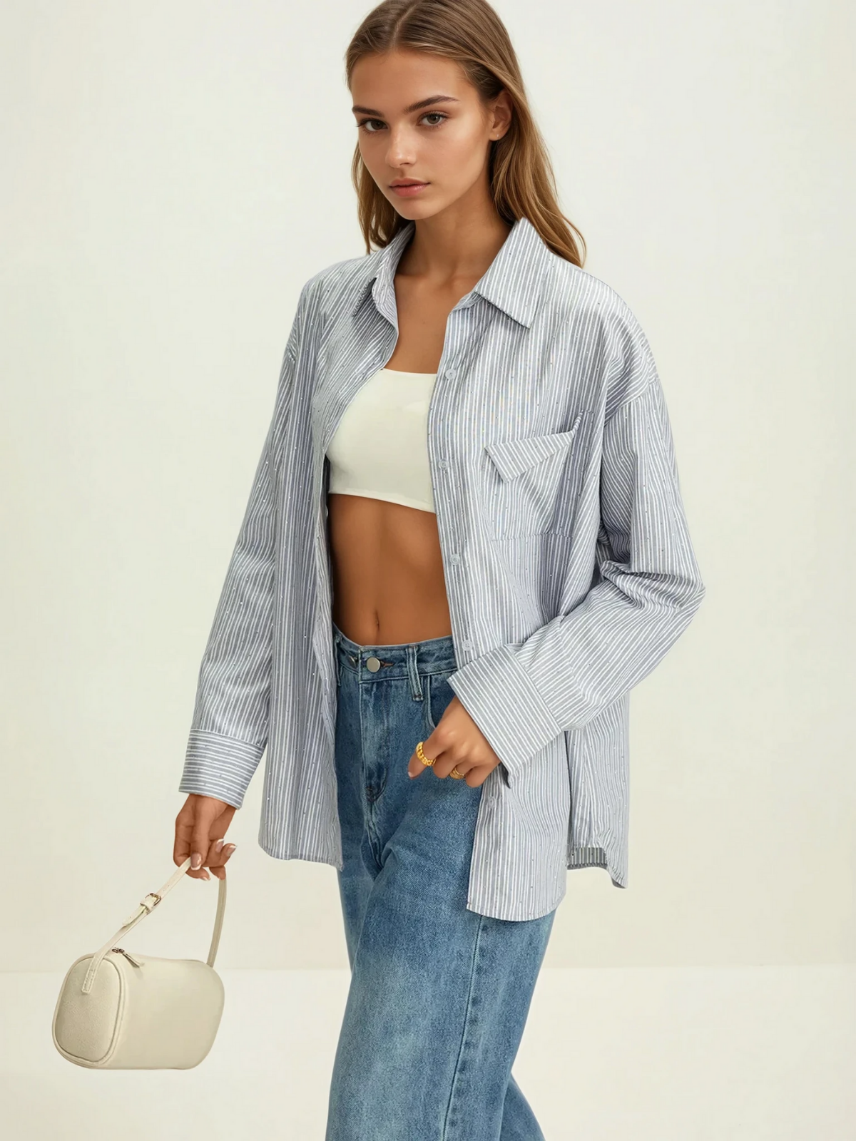 Rhinestone Dot Pinstripe Long Sleeves Pocket Shirt