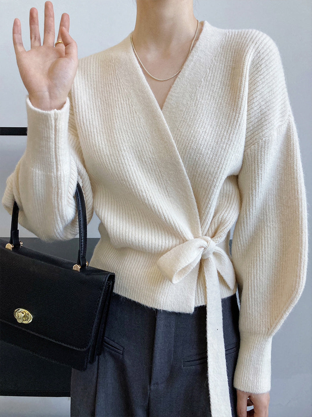 Emily Retro V-neck Knitted Cardigan-Gray