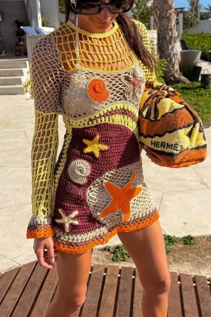 Coral Reef-Inspired Pattern Crochet Mini Dress