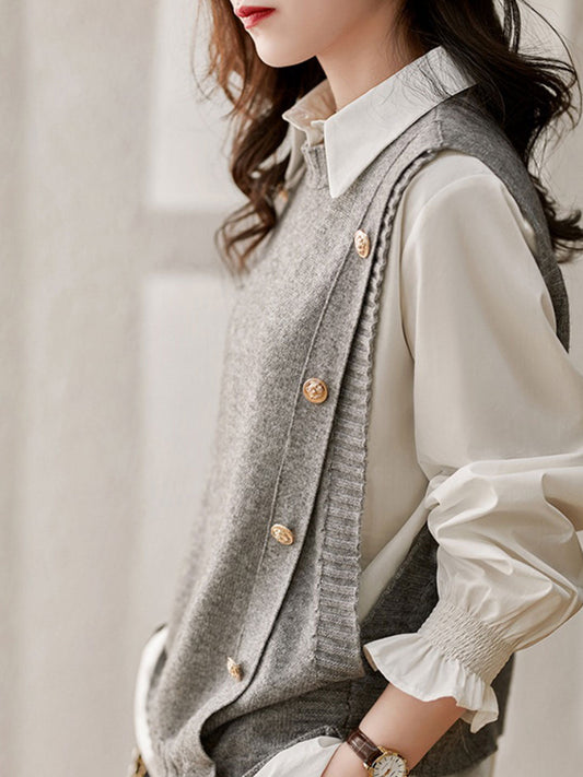 Abigail Loose Button Knitted Vest-Gray
