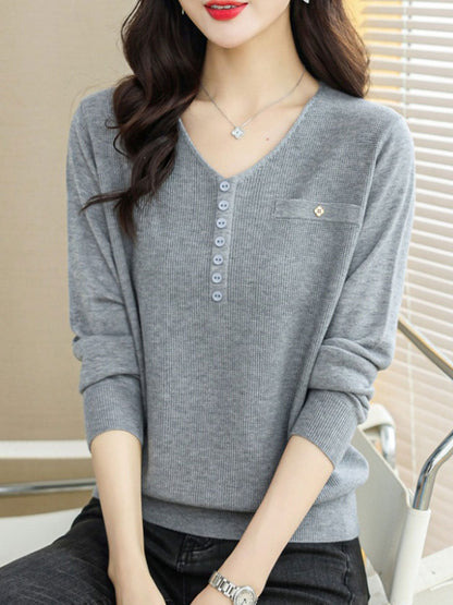 Hannah Casual V-Neck Solid Color Knitted Top