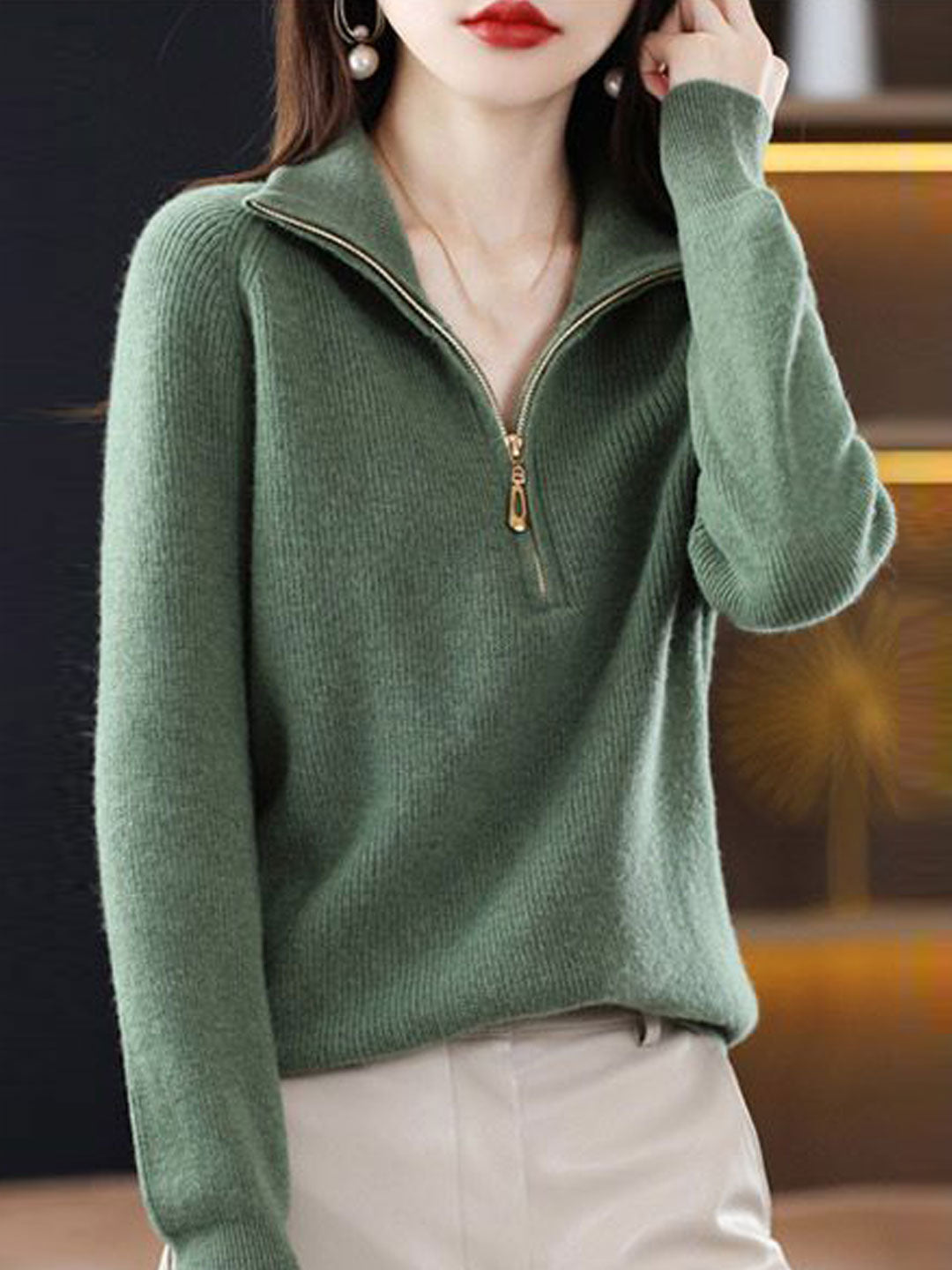 Julia Loose Pullover Zipper Knitted Coat-Apricot