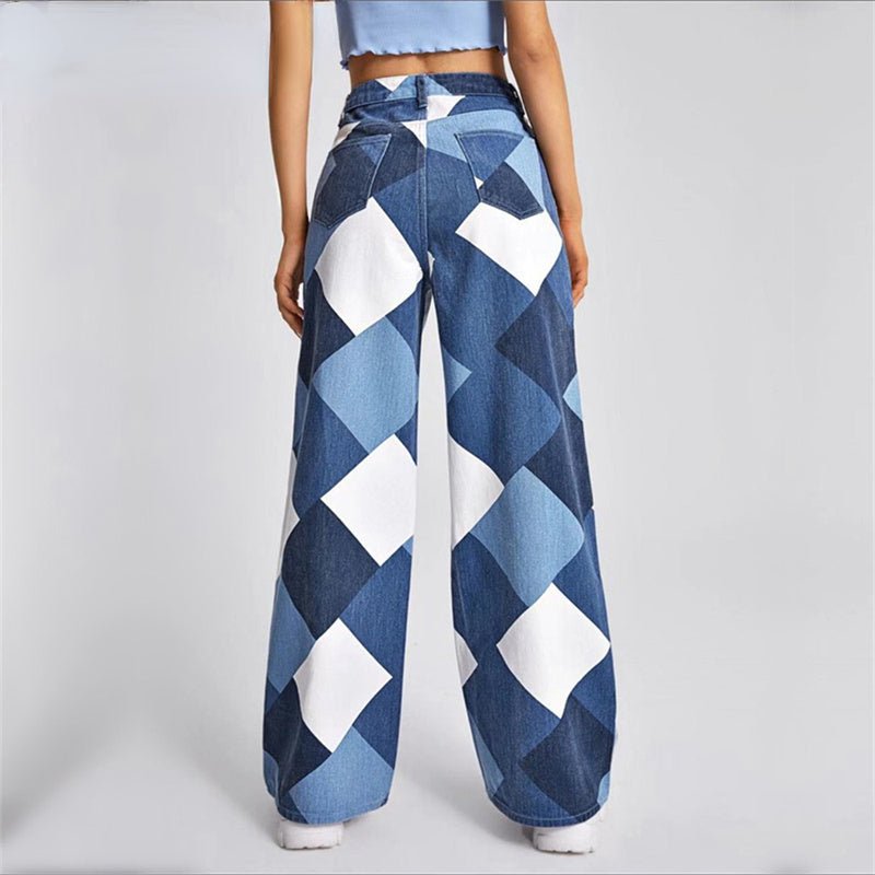 DressBetty - Stitching Box Contrast Color Casual High Waisted Big Straight Leg Printing Denim