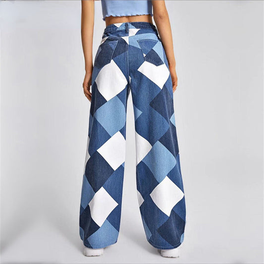 DressBetty - Stitching Box Contrast Color Casual High Waisted Big Straight Leg Printing Denim