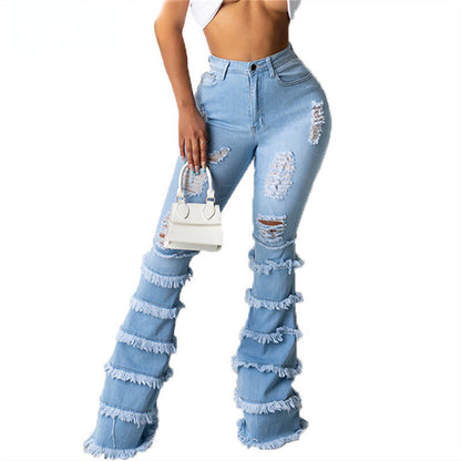 DressBetty - High Waist Stretch Denim Washed Destroyed Holes Ripped Tassel Skinny Flare Jeans