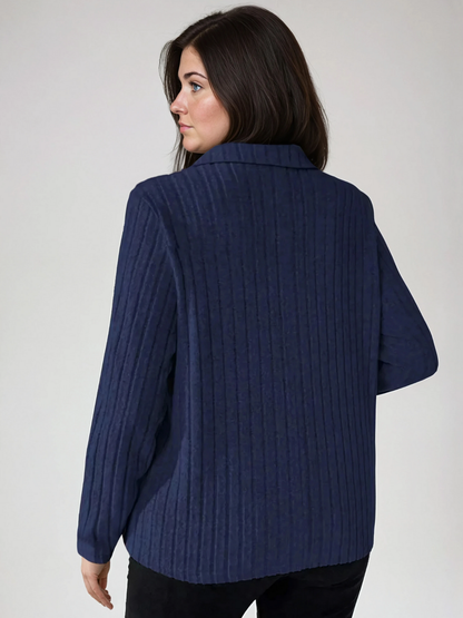 Plus Size Ribbed Turndown Collar Long Sleeve Tee Casual