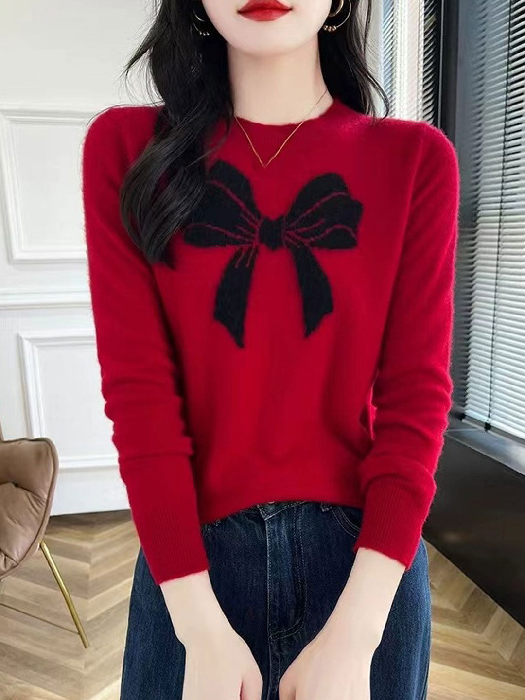 Charlotte Loose Crew Neck Bow Jacquard Knitted Top-Red