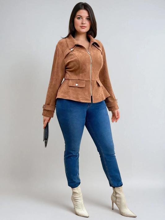 Plus Size Waisted Burgundy Casual Jacket With Front Zipper