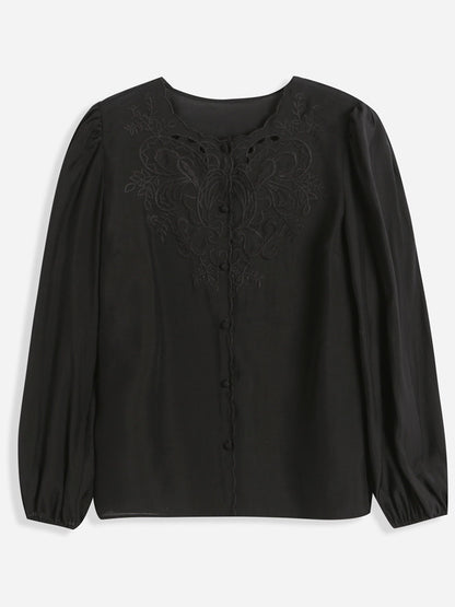 Jocelyn Elegant Embroidered Lantern Sleeve Shirt-Khaki
