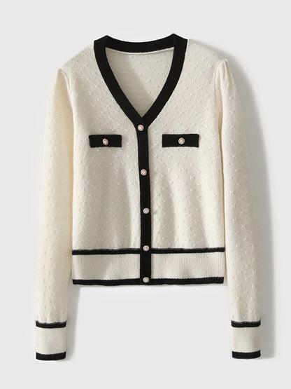 Hannah Casual V-Neck Textured Jacquard Knitted Sweater