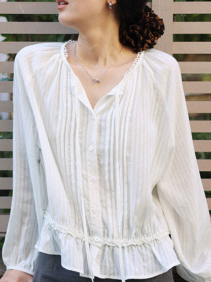 Ashley Retro Puff Sleeve Tie Pleated Blouse