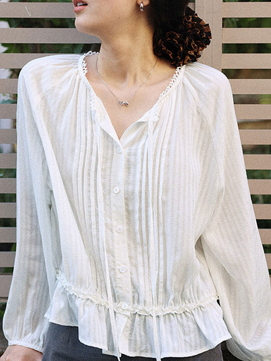 Ashley Retro Puff Sleeve Tie Pleated Blouse