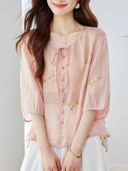 Camila Loose Crew Neck Embroidered Floral Blouse