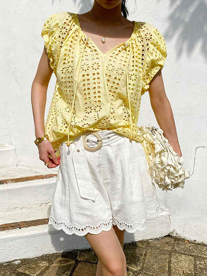 Zoe Vacation V-Neck Hollowed Embroidered Top