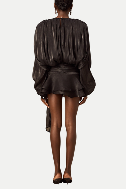 Anzay Pleated Ruffled Hem Mini Dress - Black