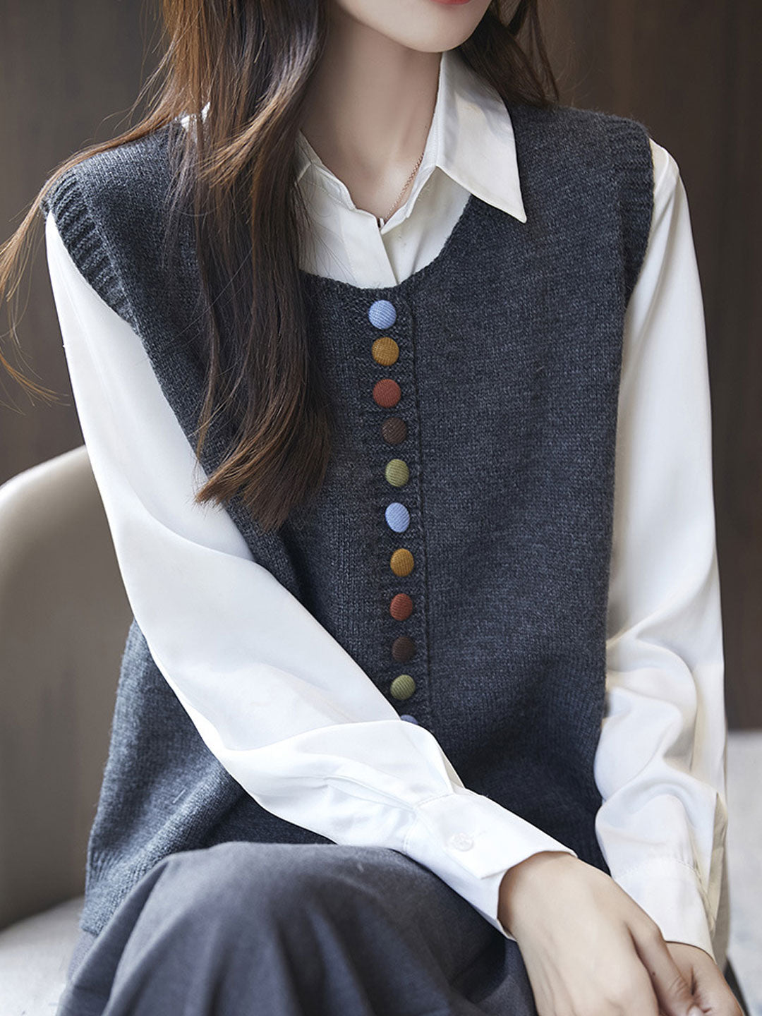 Sophia Vintage Crew Neck Knitted Vest-Black