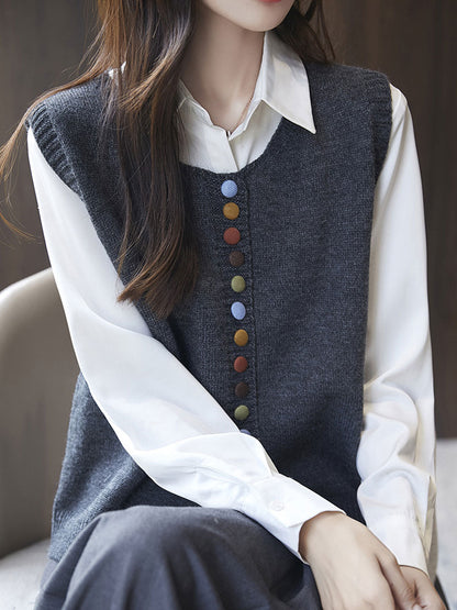 Sophia Vintage Crew Neck Knitted Vest-Black