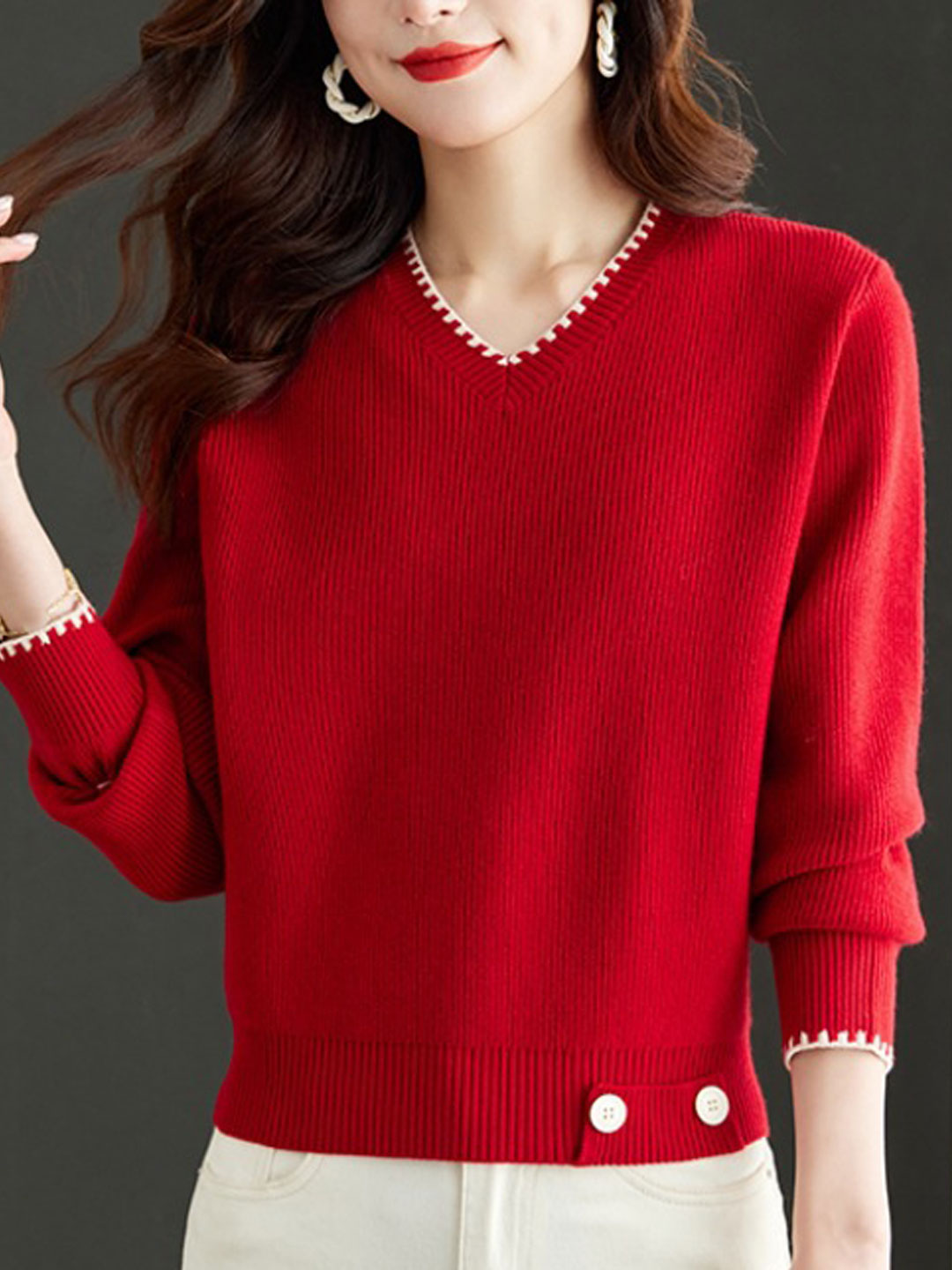 Isabella V-Neck Solid Color Knitted Sweater-Red