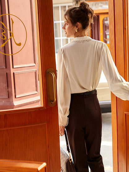 Chole Vintage V-Neck Puff Sleeve White Blouse