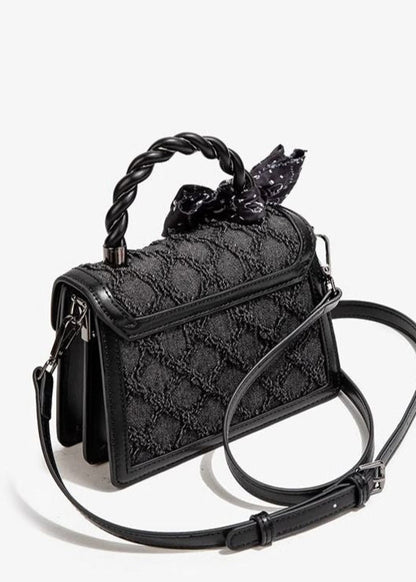 Aurelia Noir - Textured Faux Leather Mini Handbag with Printed Bow