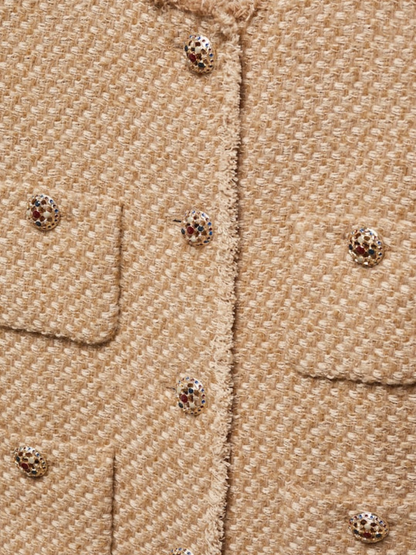 Round Neck Single-breasted Tweed Cardigan