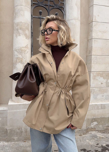 Beige Drawstring Waist Coat - Modern Mid-Length Jacket